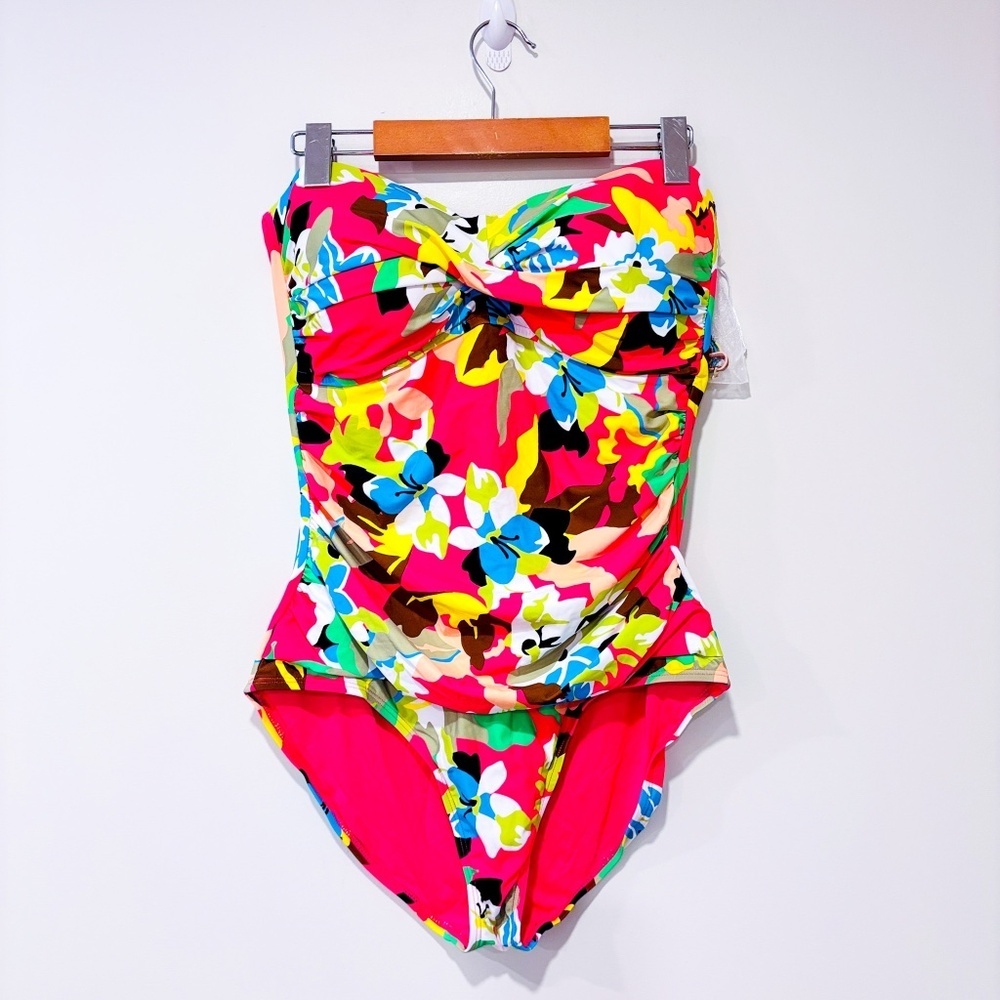 ANNE COLE Pink floral ruched one-piece swimsuit | Sweetheart neckline | Size 14